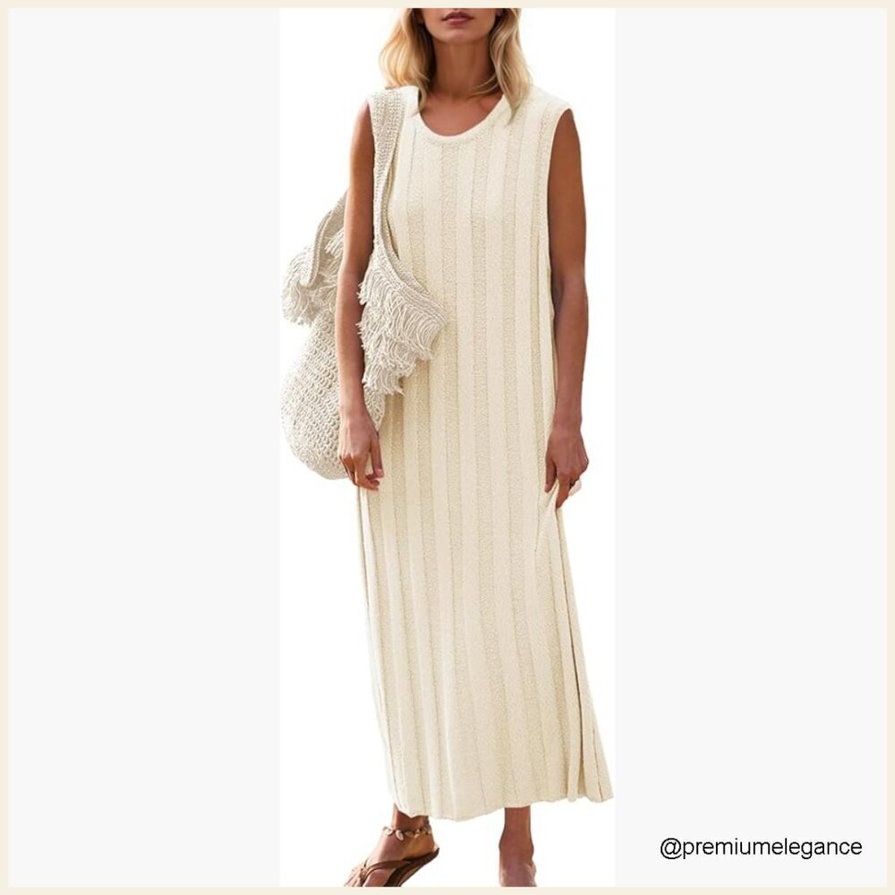 Sleeveless Ribbed Knit Maxi Dress Loose Fit Summer Casual Midi